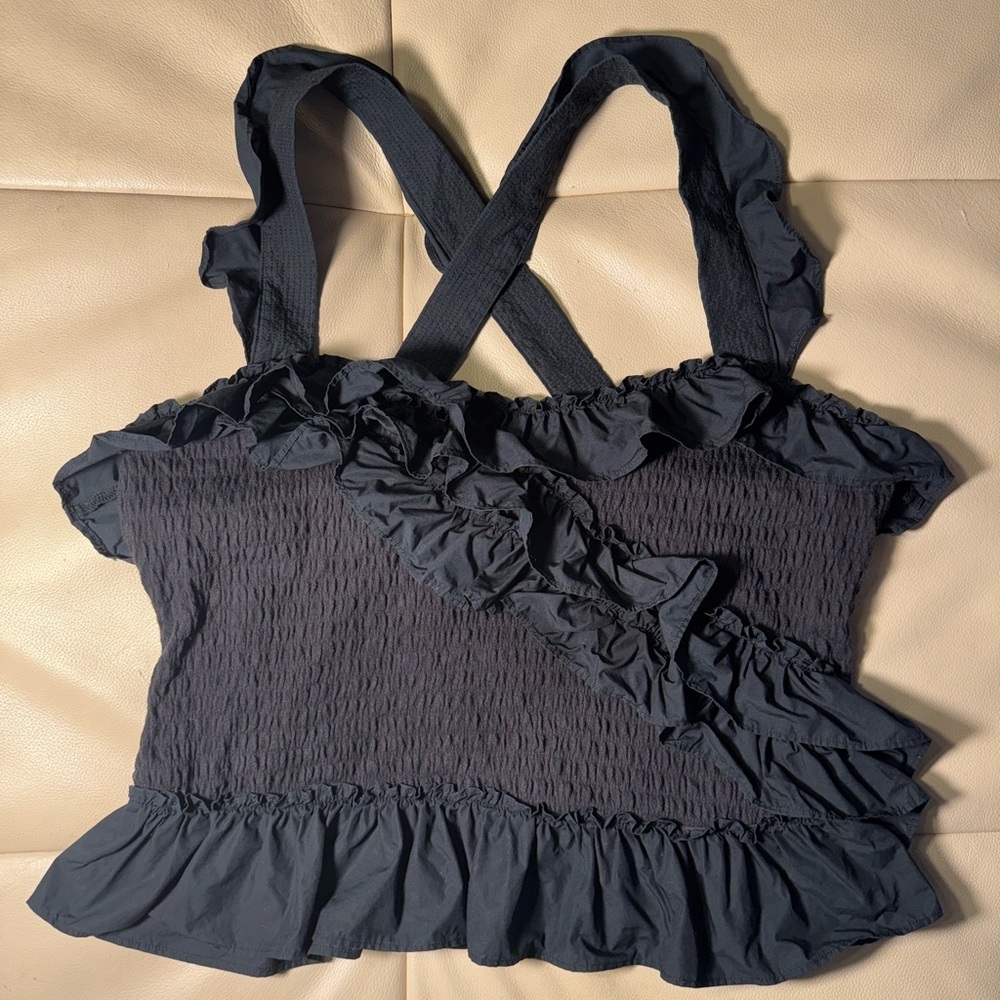 Maeve by Anthropologie Black Smocked Top with All the Ruffles